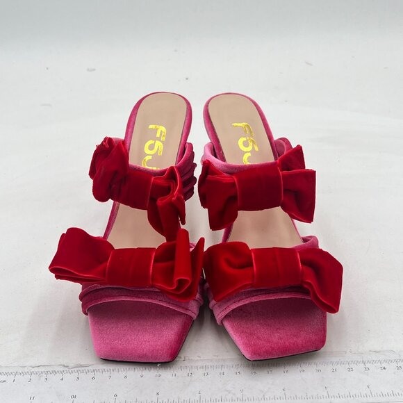 FSJ Pink Velvet Two Bows Open Toe Mules Stiletto High Heel Slip On Party Shoes - Picture 3 of 8